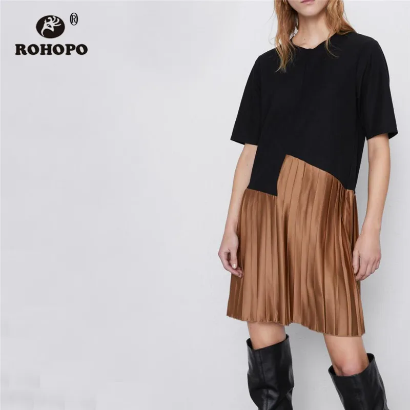 ROHOPO мини-платье с круглым воротником в стиле пэтчворк коротким рукавом