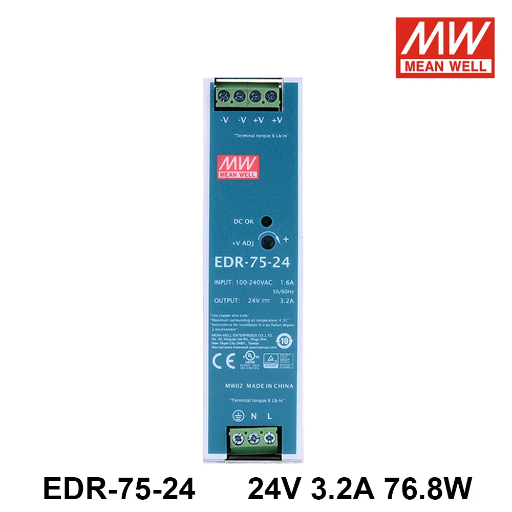 

Mean Well EDR-75-24 110V/220V AC TO DC 24V 3.2A 76.8W Single Output Din Rail Switching Power Supply Meanwell LED Driver