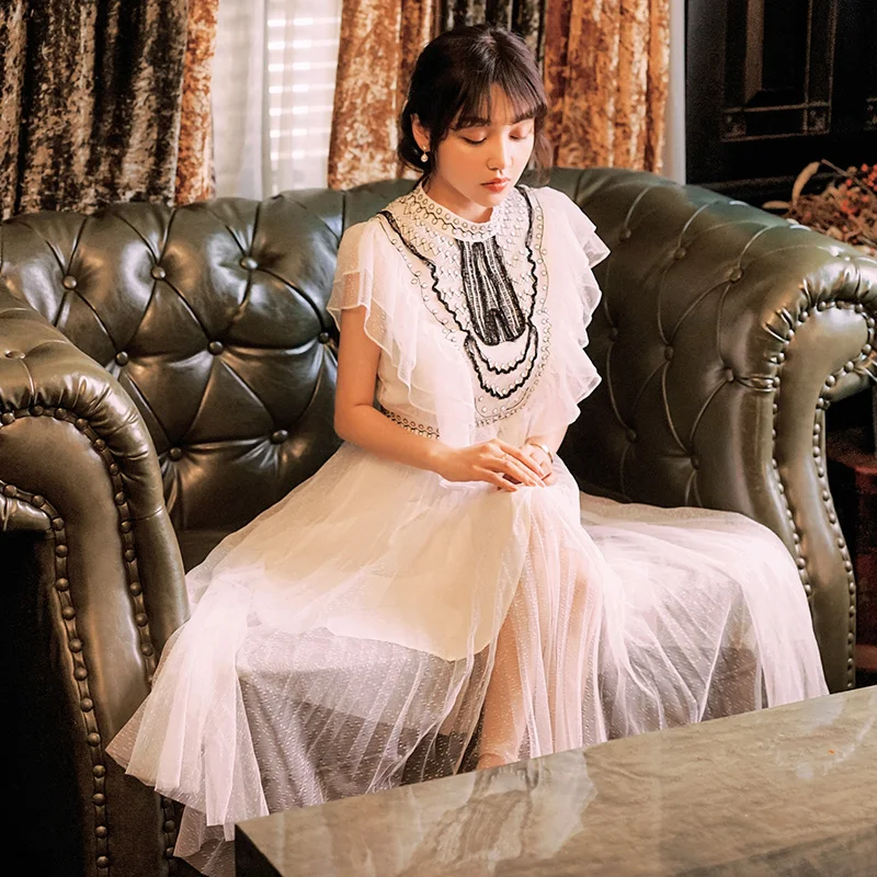 Винтажное женское платье с оборками Сетчатое кружевное французское нишевое