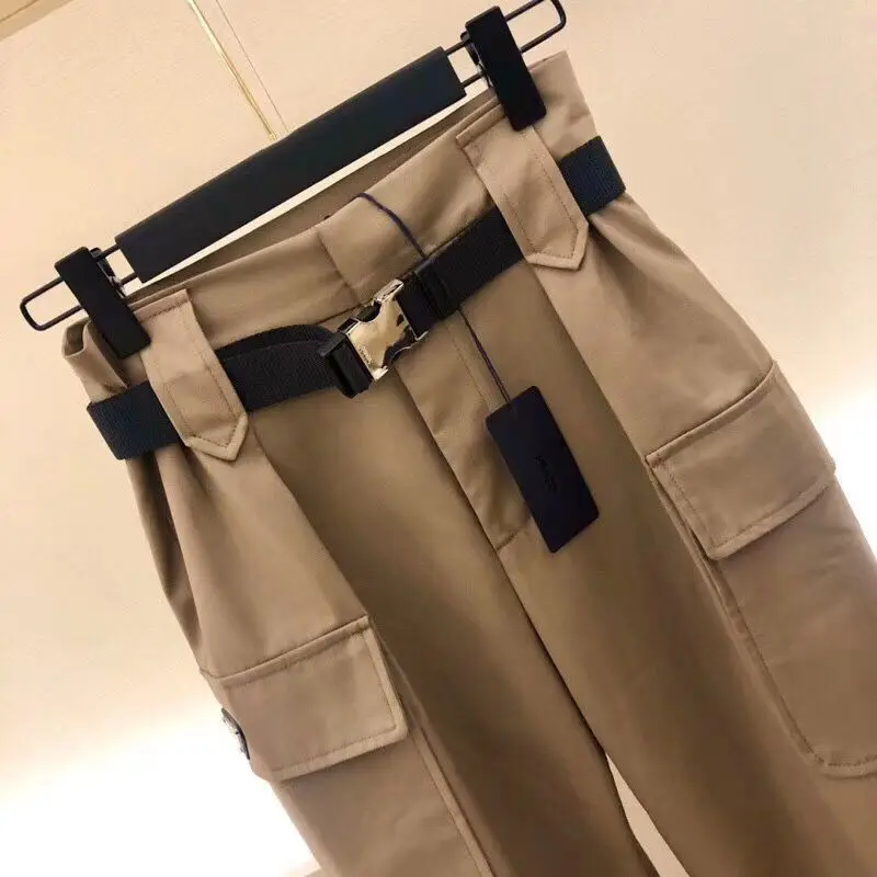 

Autumn Winter Thickening Cropped Trousers Khaki Black Joggers Woman Cargo Pants Women's Ankle-Tied High Waist Harem Pants Loose