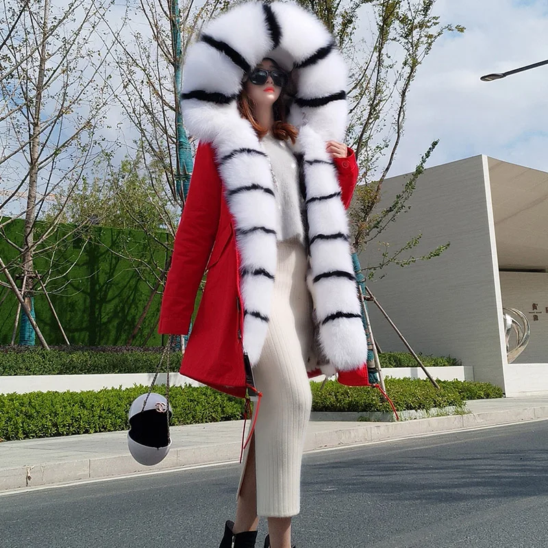 MAOMAOKONG 2022 Winter Women Real Fur Coat Fox Fur Liner Luxuri Warm Jacket with Silver Fox Big Collar Long Parka