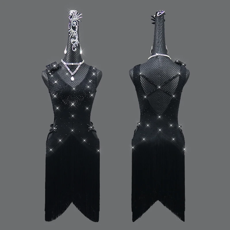 

Платье для латиноамериканских танцев, Женский костюм для латиноамериканских танцев, Длинная черная тренировочная юбка с кисточками, детская юбка на заказ