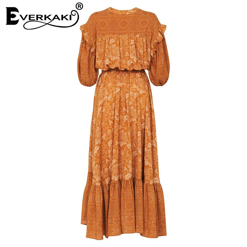 Everkaki Boho Женское Платье макси с принтом и оборками эластичная резинка на талии