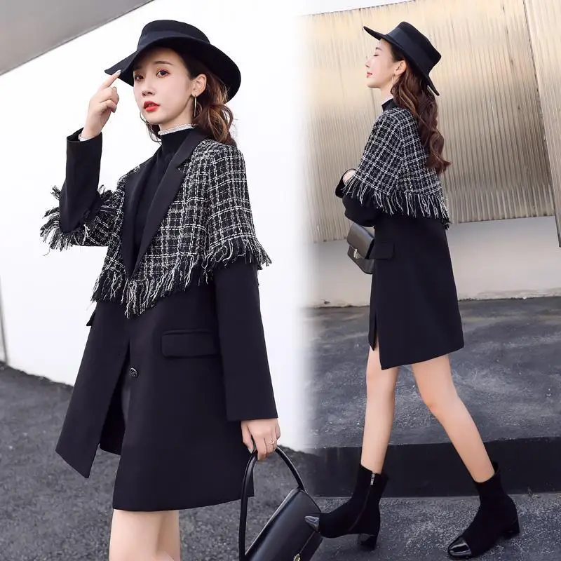 

2021 Spring and Autumn New Tassel Plaid Black Woolen Coat Female Temperament Small Fragrant Wind Woolen Coat Female