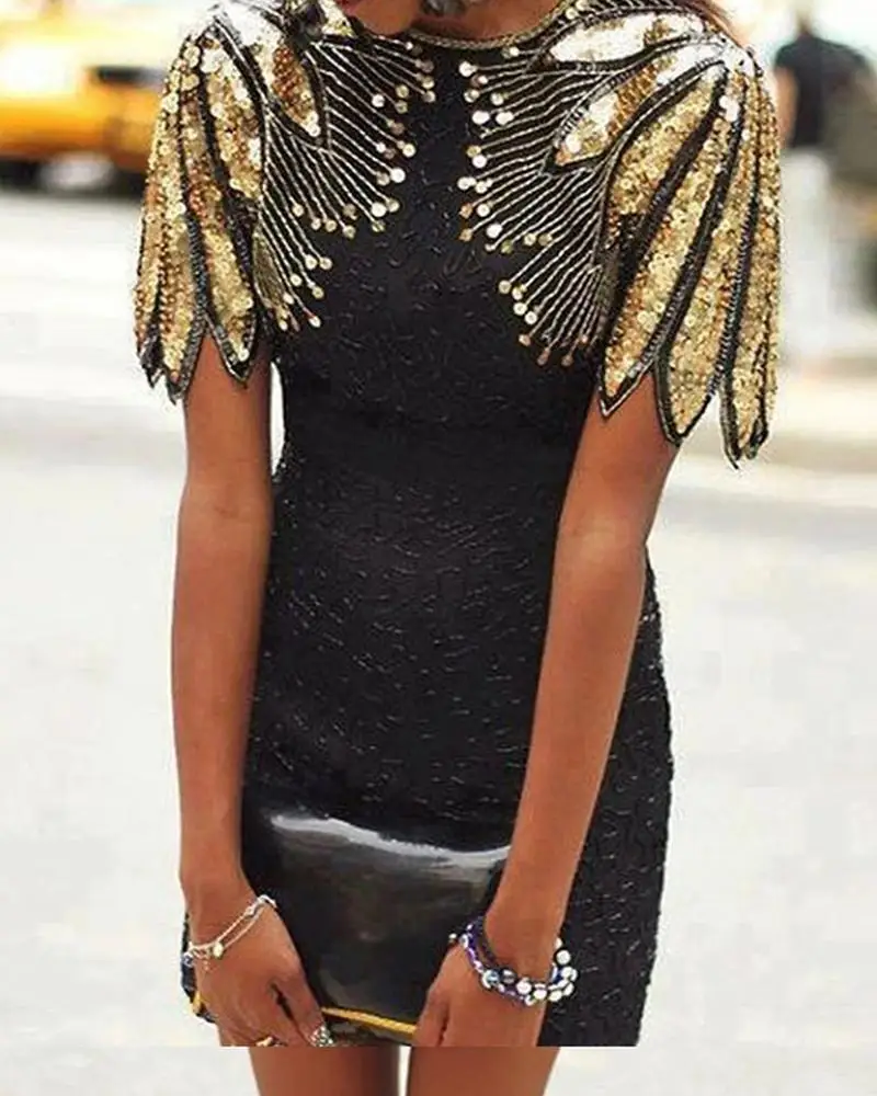 Сексуальное блестящее облегающее платье с коротким рукавом и блестками | Женская