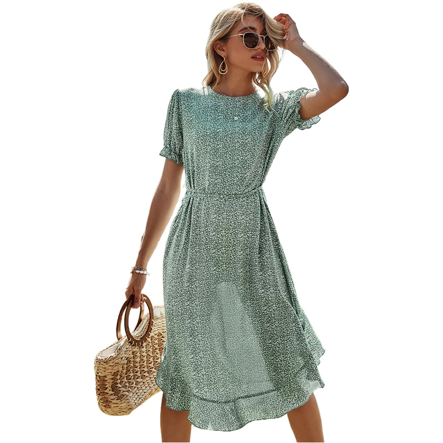 

MIXINNI New Spring Product High Waist Round NeckRuffled Mid-Length Floral Dress Female Short-Ssleeved A-Line Skirt 024