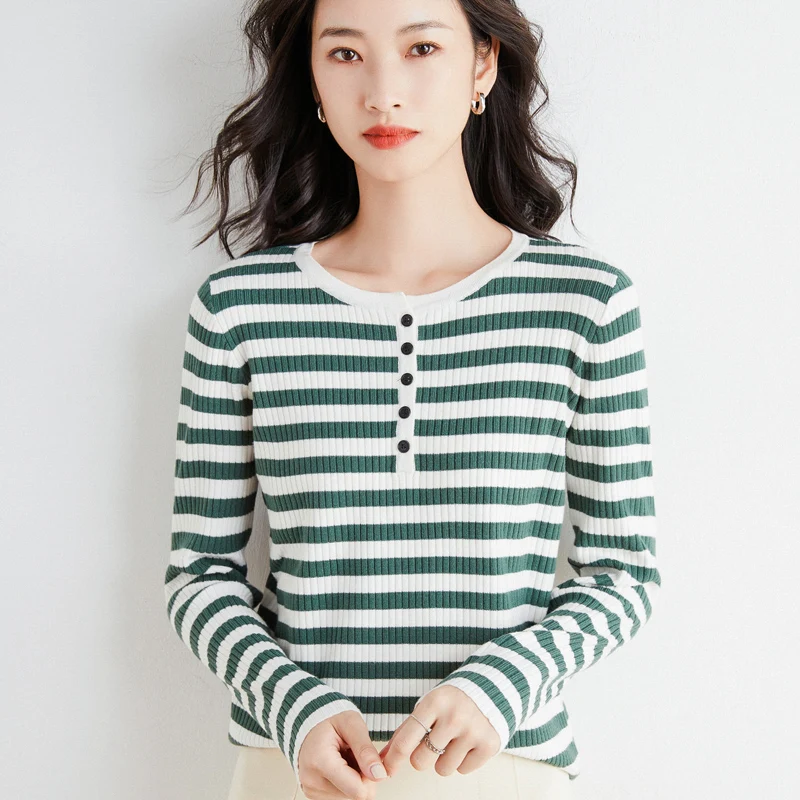 

Round neck striped wool sweater women's autumn and winter new all-match pullover sweater loose single-breasted top