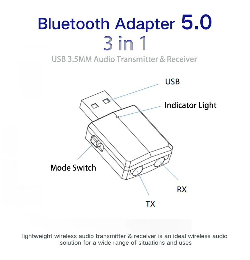 VAORLO USB Bluetooth адаптер 5,0 Bluetooth аудио передатчик приемник 3,5 мм AUX стерео музыка беспроводной адаптер для ТВ ПК автомобильный комплект