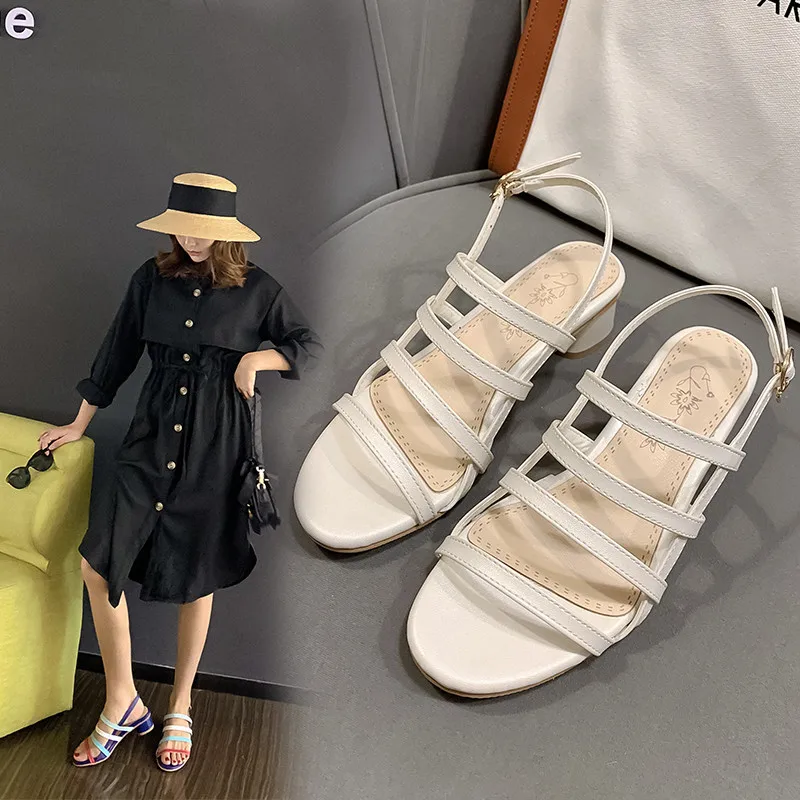 

2021 Spring New Arrivals Women's Sandals Buckle Strap Med Heels Square Heels Sandals Fashion Casual Women's Shoes Plus Size 44