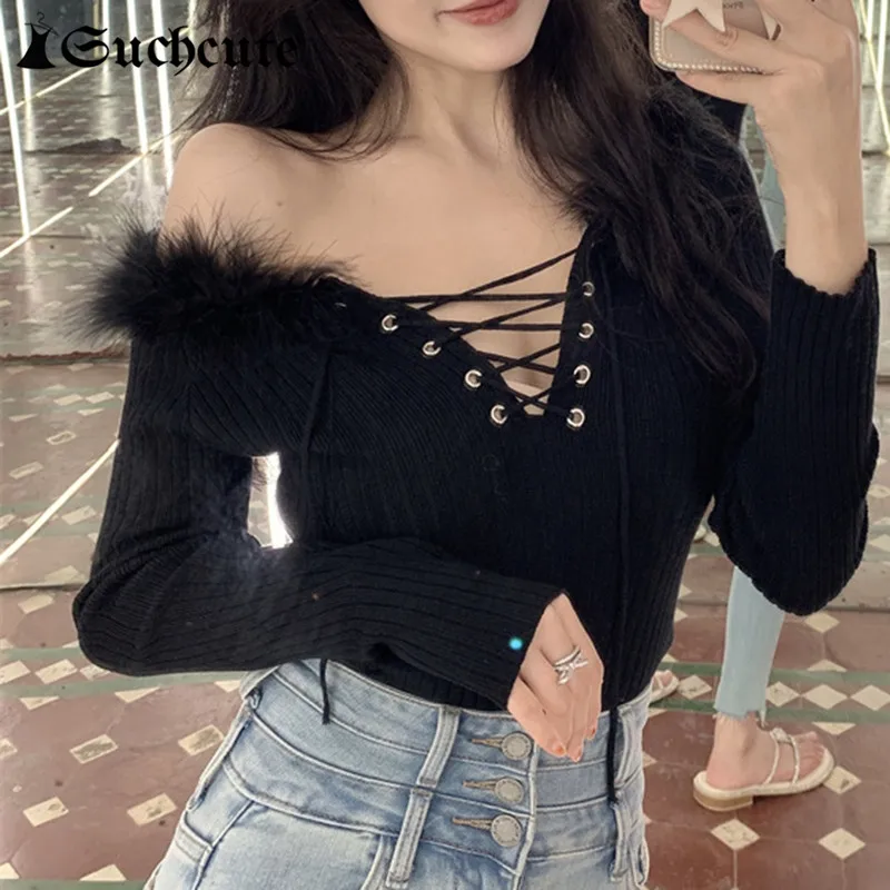 

Женская футболка с перекрестной шнуровкой, из искусственного меха