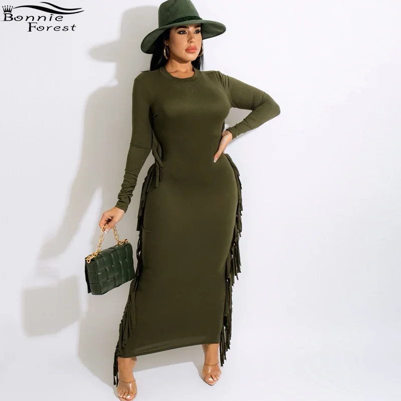 

Bonnie Forest New Fashion Olive Green Fringe Accent Maxi Dress Autumn Long Sleeve Solid Details Long Dress Gowns Party Club Wear