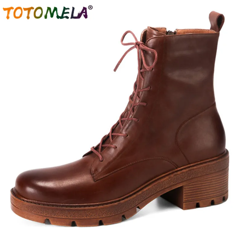 

TOTOMELA newest genuine leather vintage boots women shoes round toe square heel platform casual shoes women's motorcycle boots