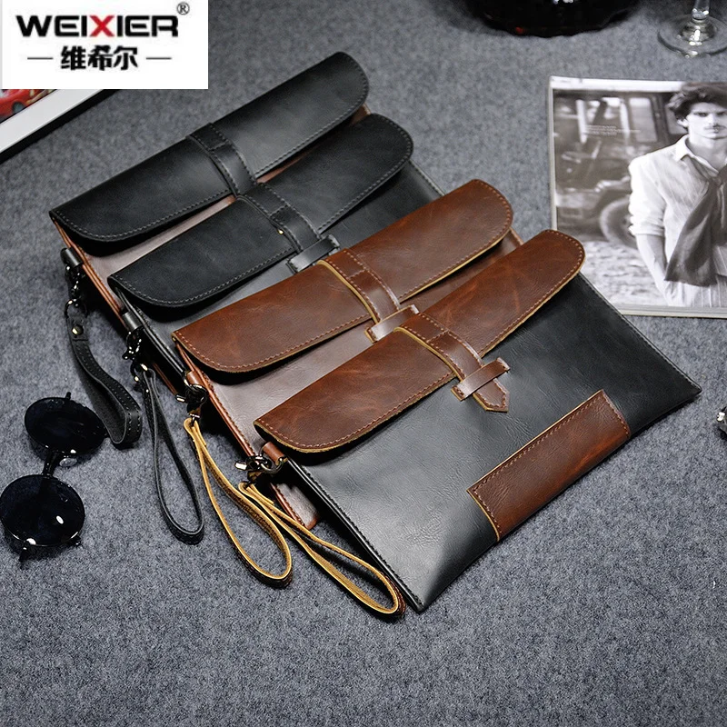 

Newest Clutch Bag Luxury Male Hand Bag Patchwork Leather Envelope Clutches Personalized Crazy Horse Wallet Big Mobile Phone Bags