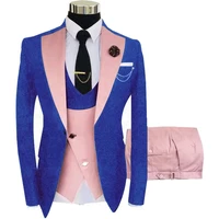 high quality royal blue floral wedding men suit costume homme groom wear tuxedos party blazer terno slim fit pink vest pants