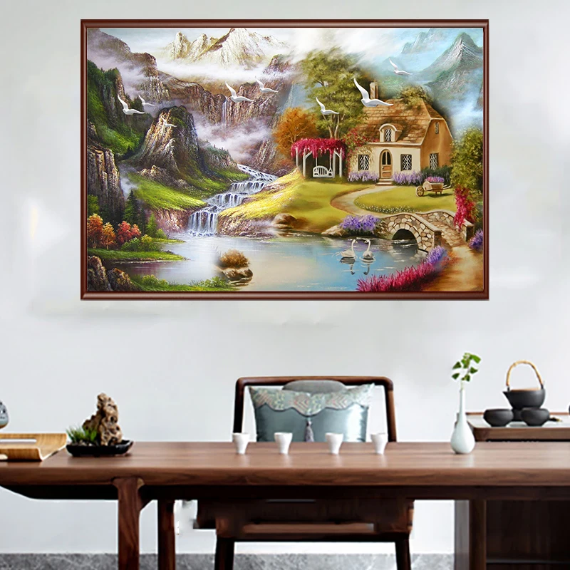 Холст с изображением сказочной хижины горного водопада изображение на стене для