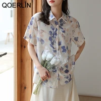 qoerlin summer short sleeve shirts printed chiffon blouse loose casual single breasted tops shirts woman clothing purple shirts