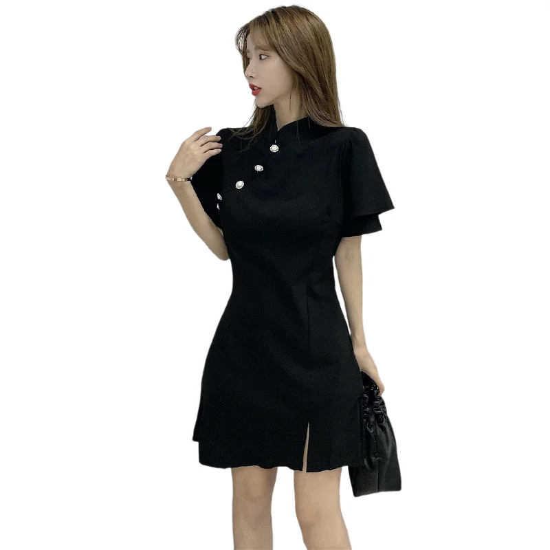 

Summer Plus Size Women Retro Chinese Style Improved Cheongsam Hepburn's Little Black Dress Female Thin A-Line Skirt Ladies M181