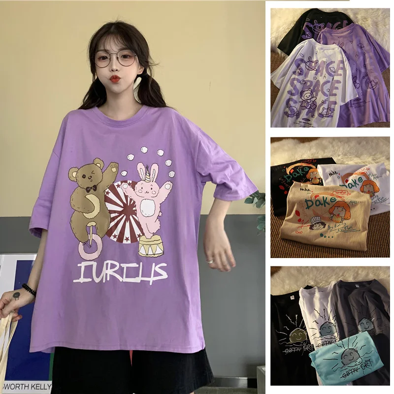 

Kawaii Japanese Girl's Short-Sleeved T-Shirt Multi-Color Picture Printing Cute Summer Loose Cotton Tees Plus Size Trendy Tops