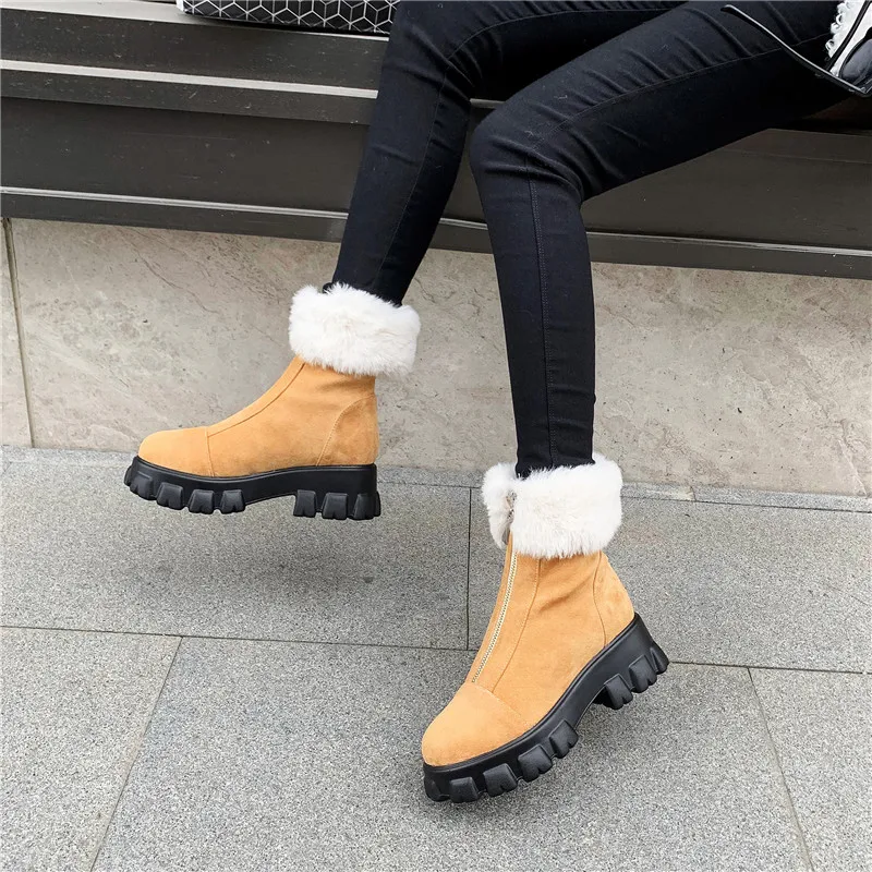 

Fanyuan Snow Boots Big size 33-46 winter simple ankle boots comfortable flock leather zip solid color keep warm women boots