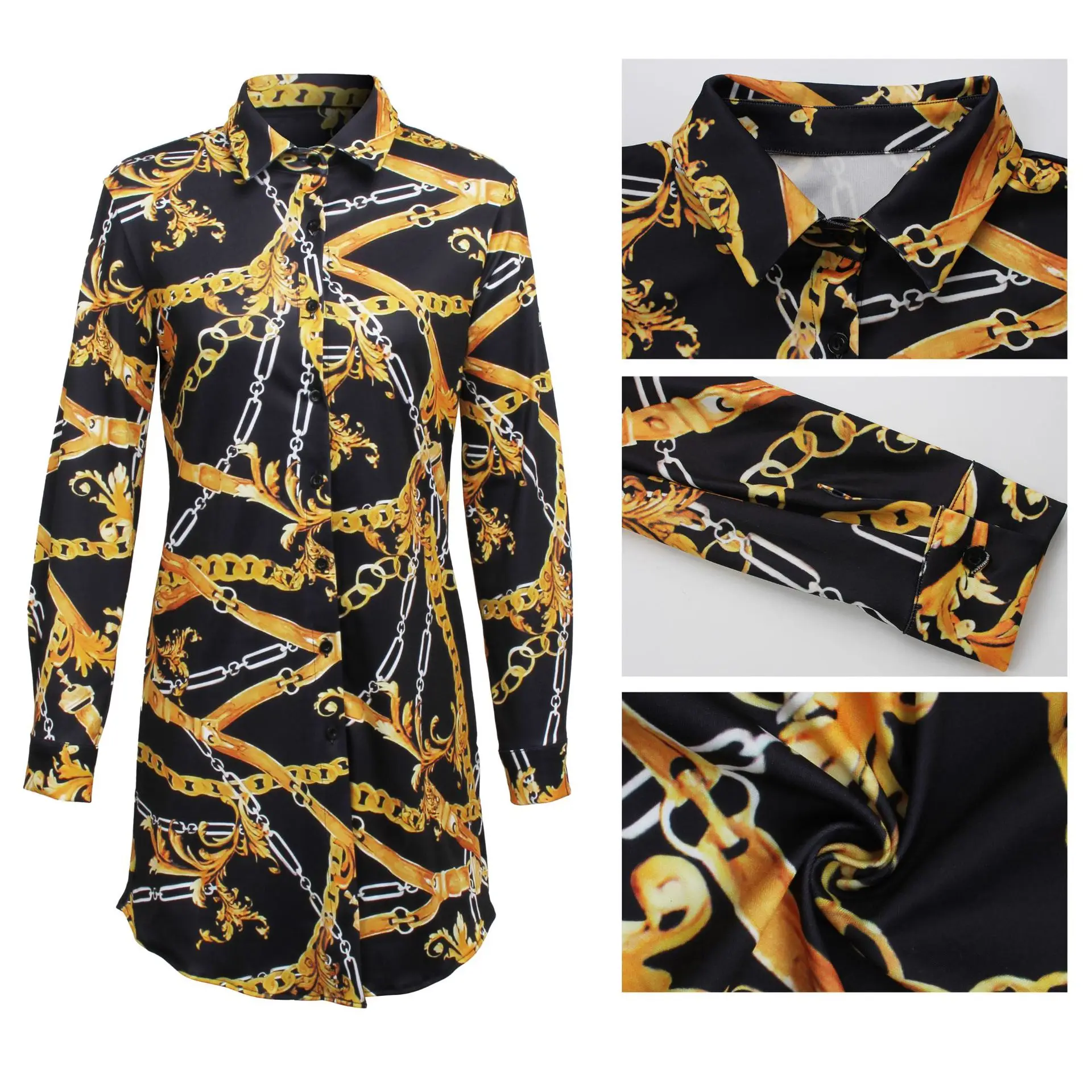 

Women's Shirt Dresses Button Down Colorful Blouses Long Sleeve Floral Print Tops Loose Collar Sexy T-Shirts