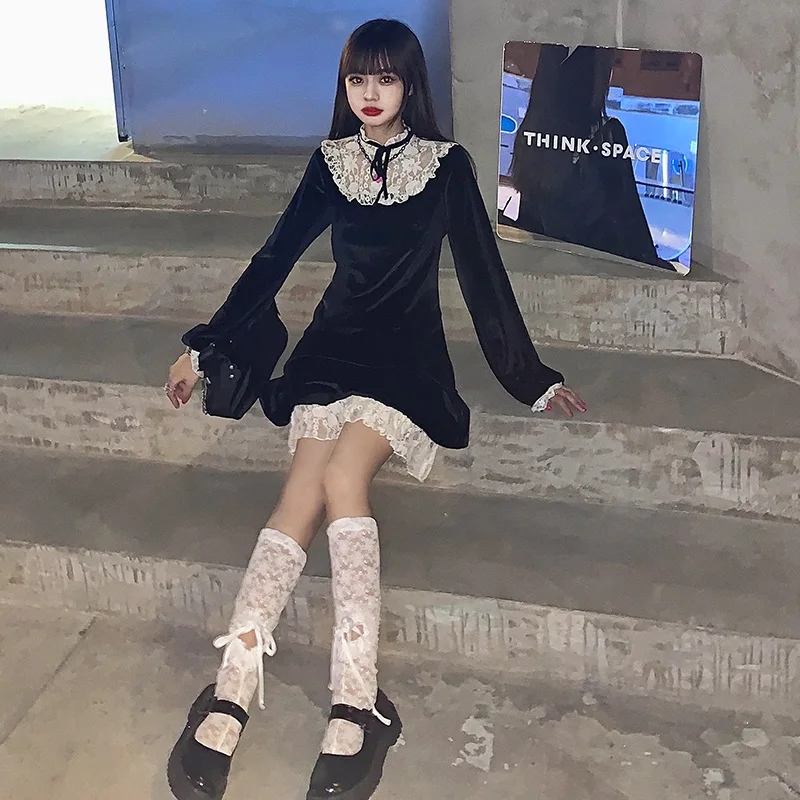 

French Sweet Soft Girly Preppy Style Dress Kawaii Ruffled Vintage Lace Splicing Golden Velvet Full Sleeve Woman Slim Black Dress