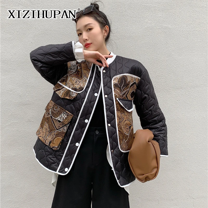 

Повседневная куртка XIZIHUPAN в стиле пэчворк с цветными блоками, женское Свободное пальто с круглым вырезом и длинным рукавом и карманами для ж...