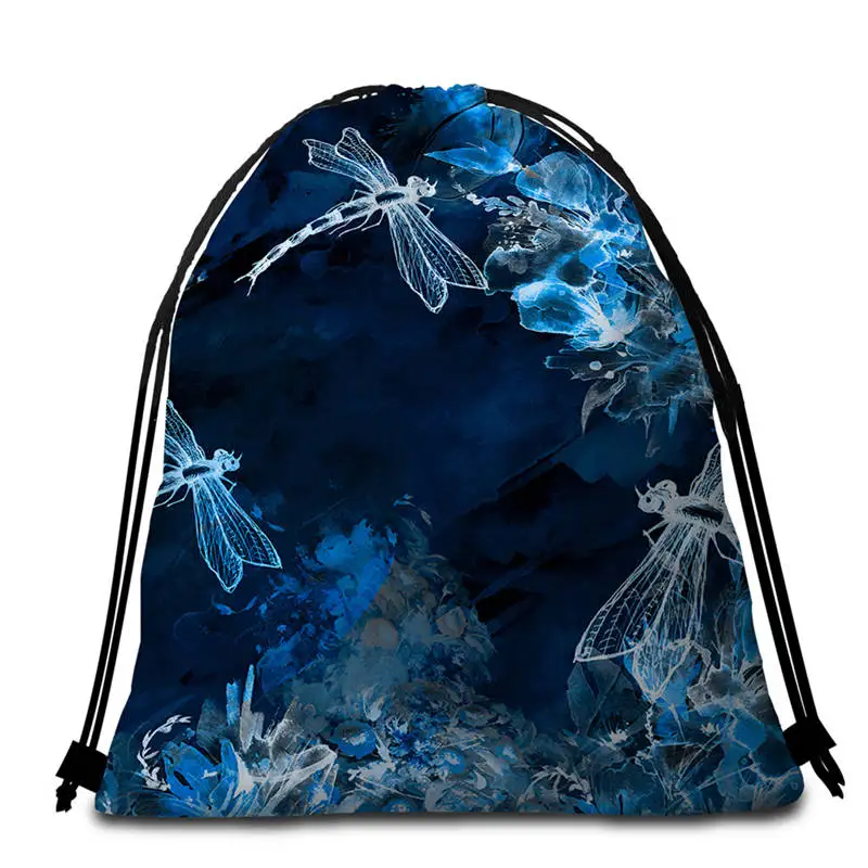 005 - Bag Постельное белье Outlet Стрекоза круглое пляжное полотенце 3D цветок лотоса большое полотенце с рюкзаком сумка насекомое Toalla кисточкой природа косметический коврик - Цвет: 005 - Bag