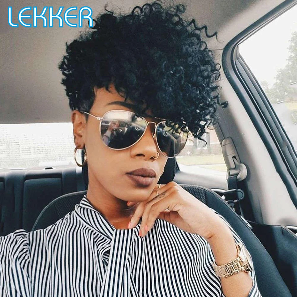 

Lekker Short Pixie Cut Kinky Curly Human Hair Wig For Women Brazilian Remy Natural Dark Brown Machine Made Colored Afro Curl Wig