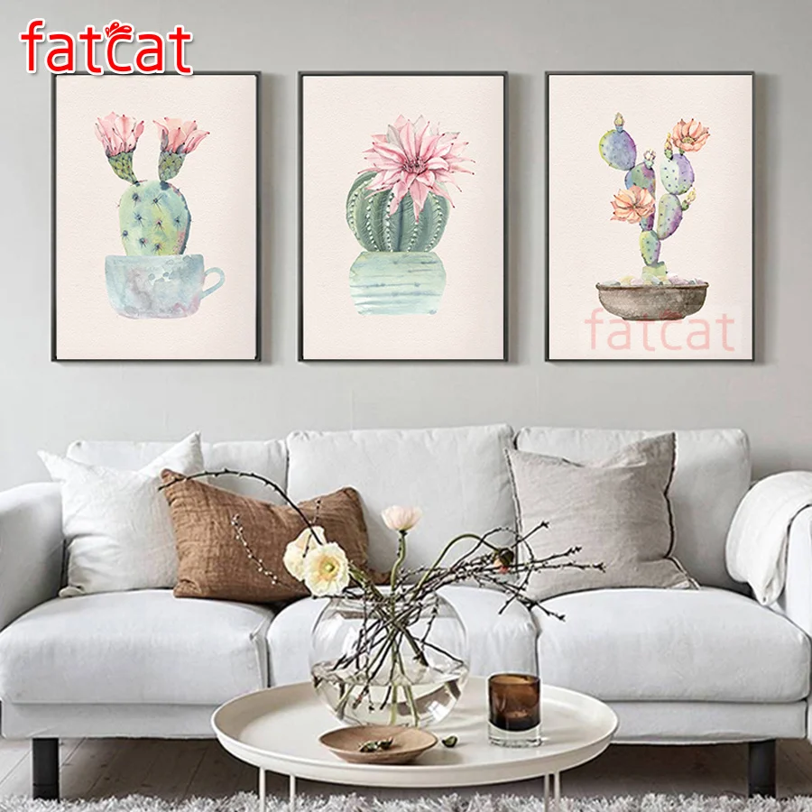 

Алмазная 5d картина FATCAT с изображением растения кактуса, полноразмерная, квадратная, круглая, мозаичная вышивка, Триптих комплекты, украшени...