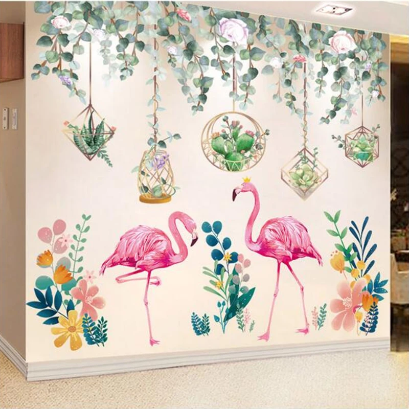 

[SHIJUEHEZI] Green Leaves Wall Stickers DIY Flamingo Animals Wall Decals for Living Room Kids Bedroom Kitchen Home Decoration