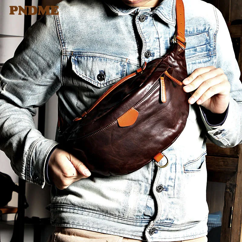 PNDME fashion vintage genuine leather men's chest bag luxury natural real cowhide multifunctional waist pack sports diagonal bag