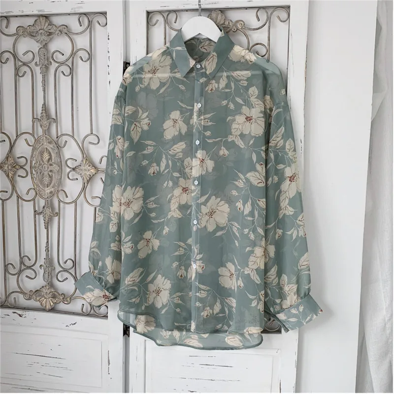 Рубашка мужская с цветочным принтом модная повседневная длинными рукавами