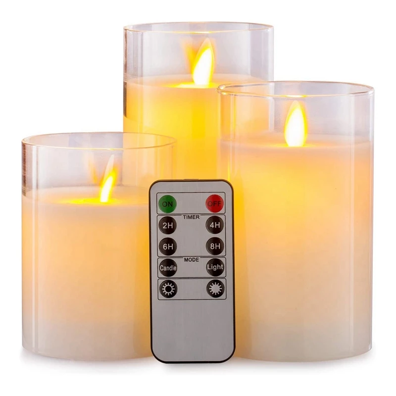 

Remote Flameless Candle Pillar Real Wax Electric LED Glass Candle Set With Control Timer, 4 Inch 5 Inch 6 Inch Pack