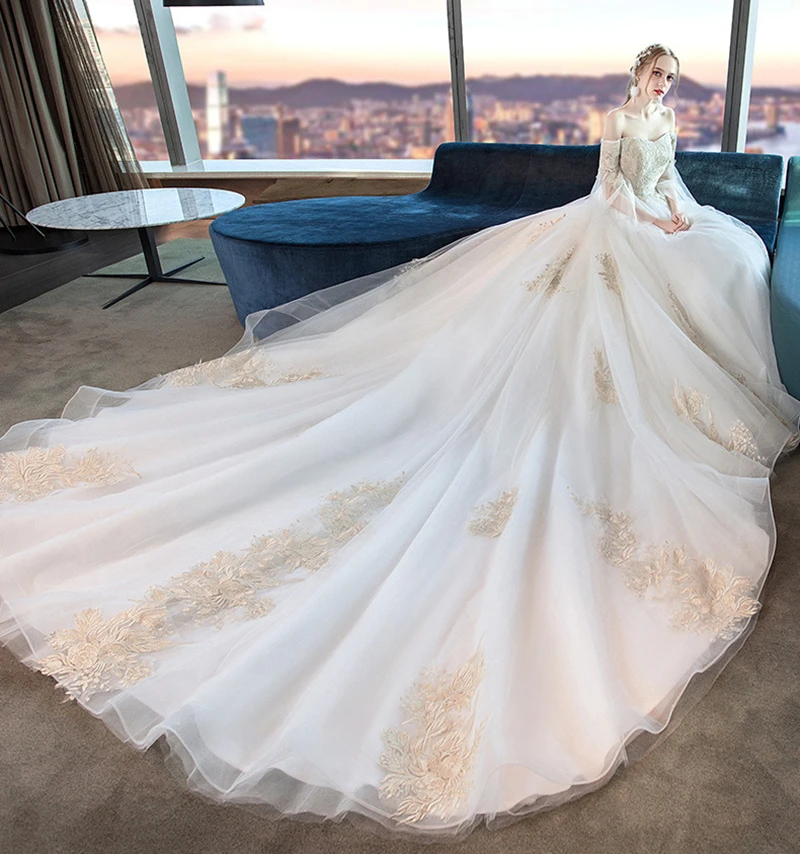 Роскошные кружевные свадебные платья с вышивкой 2021 длинный шлейф 100 см Белый/цвет