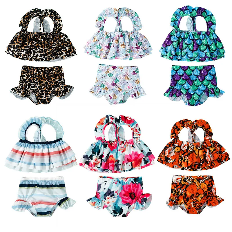 

Купальные костюмы для младенцев 2 шт., многослойный Топ бикини без рукавов с принтом и оборками + плавки для купания для маленьких девочек