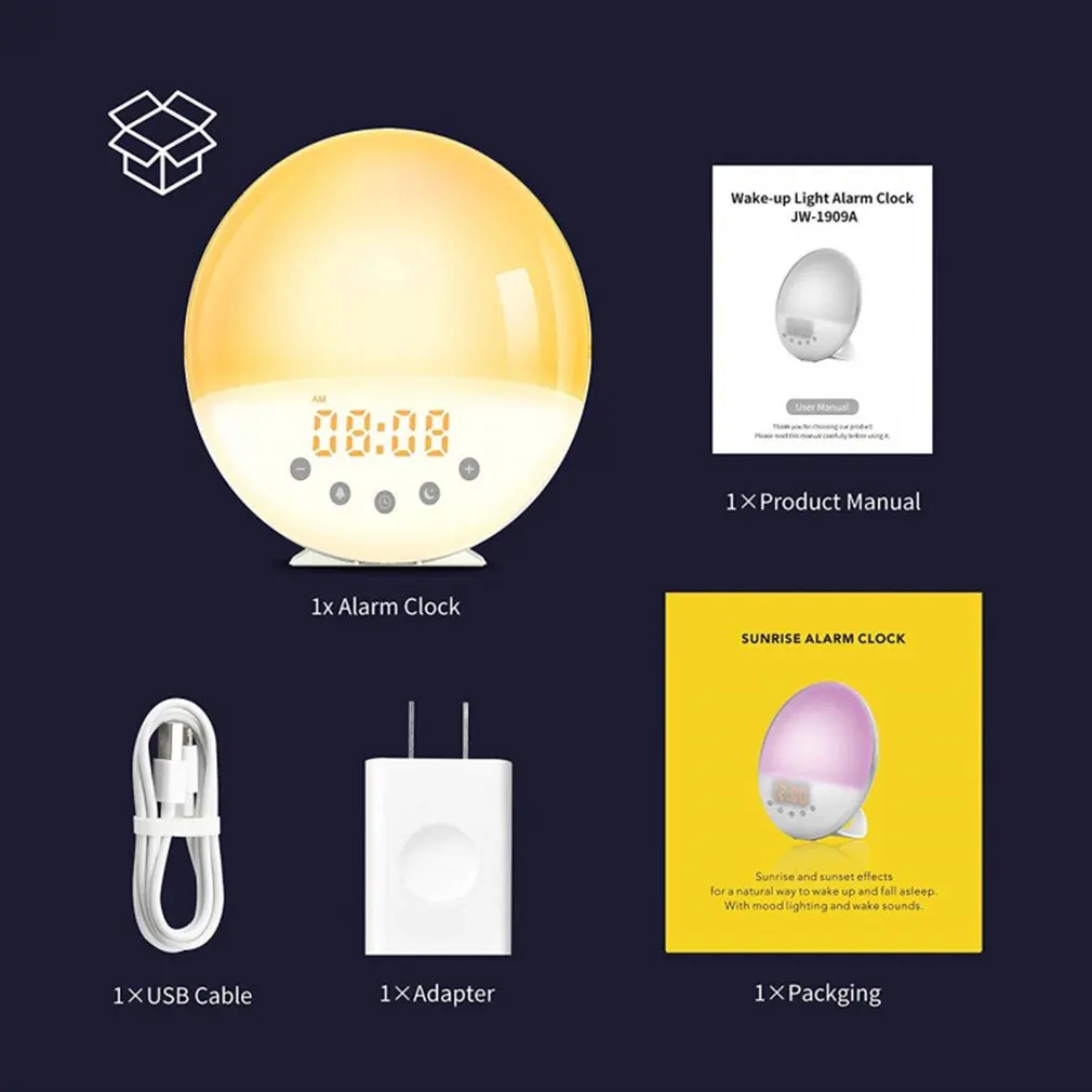 

Smart Sunrise Wake-up Light Led Alarm Clock Wi-Fi 7 Colors FM Radio Digital Changing Atmosphere Light