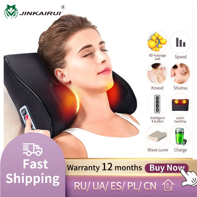 

Jinkairui Infrared Heating Neck Shoulder Back Body Electric Massage Pillow Shiatsu Device Cervical Health 2021 NEW High Quality