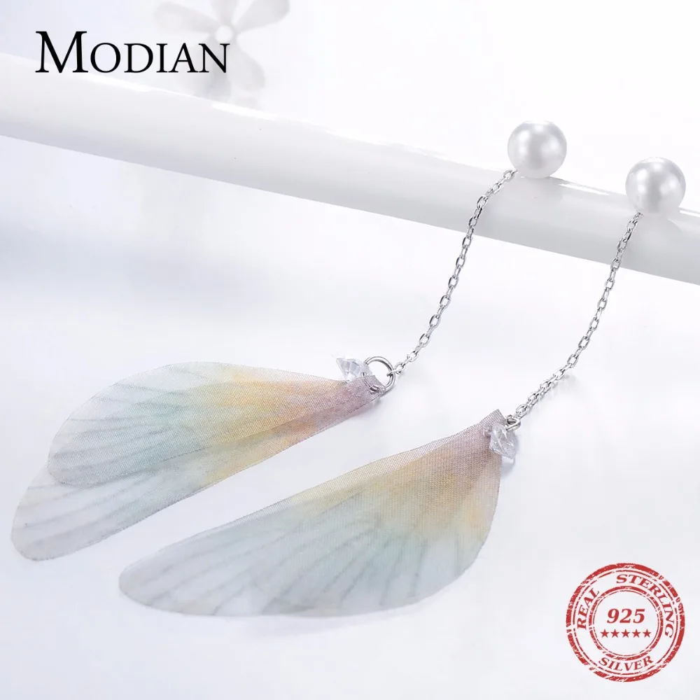Modian чистый 925 стерлингового серебра Красочные перо Висячие серьги модные