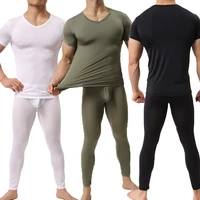 men undershirts sets ultra thin ice silk short sleeve t shirts leggings pants transparent tops tee trousers underwear sleepwear