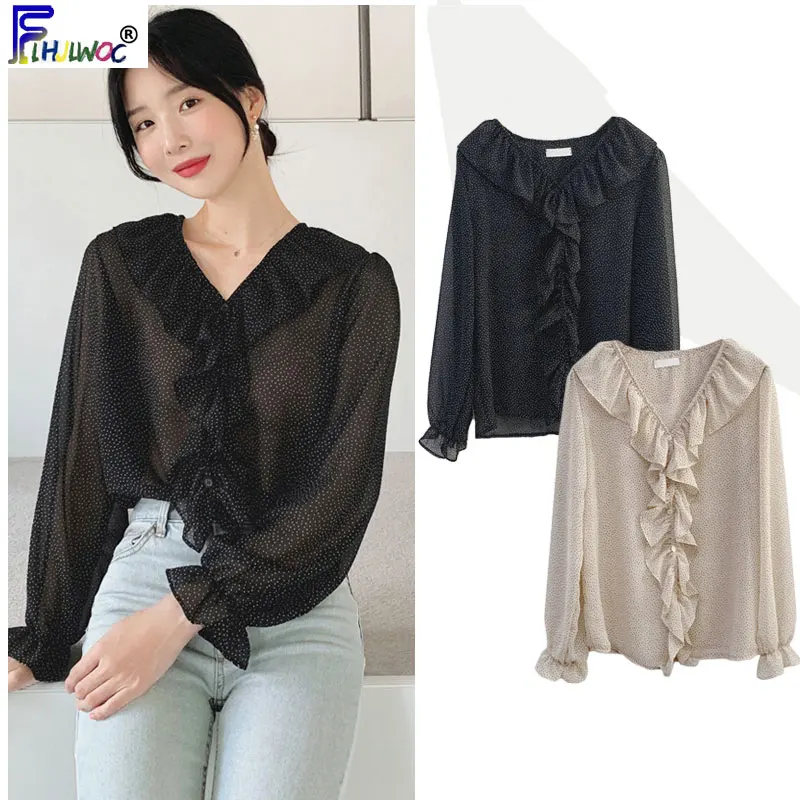 Милые блузки с оборками одежда в Корейском стиле топ расклешенными рукавами и V