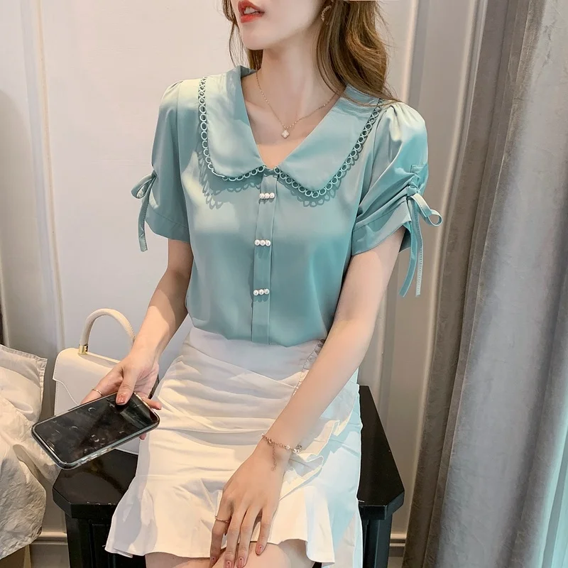 

2021 New Summer Women Blouses Casual Slim Short Sleeve Bow Peter Pan Collar Shirts Fashion Elegant Office Lady Tops Clothing