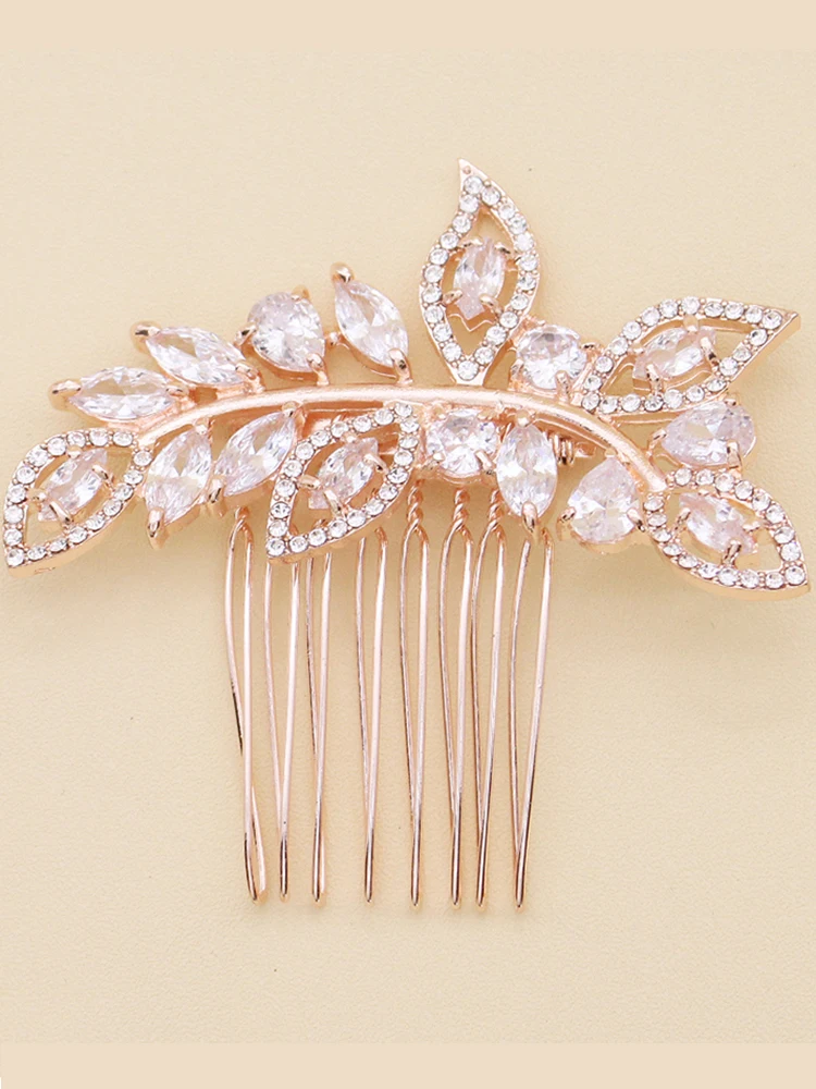 Розовое золото цвет гребень для волос в виде листьев зажим горный хрусталь