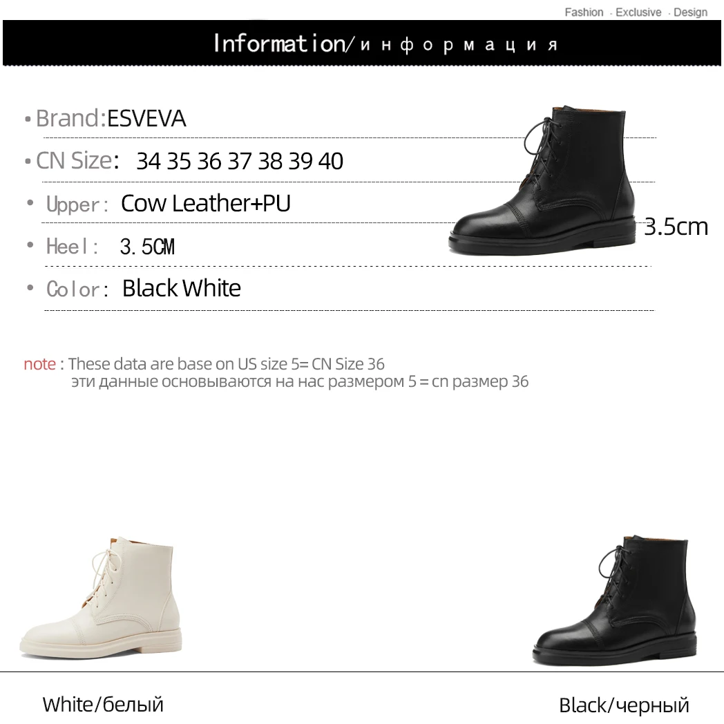 

ESVEVA 2021 Lace Up Cow Leather+PU Ankle Boots Autumn Winter Ladies Round Toe Flat Heel Western Style Women Shoes Size 34-40