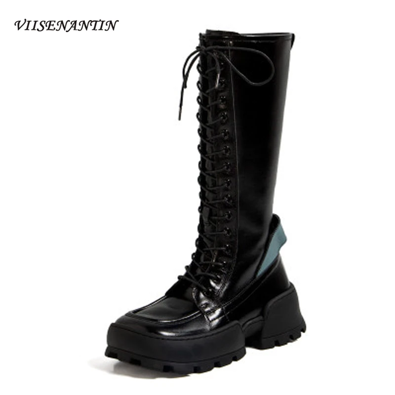 

Handsome Trendy Square Toe Strappy Lace Up Knee High Knight Boots Women Flat Platform Chunky Sole High Heel Narrow Band Shoes