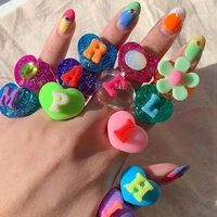 new ins candy shiny heart 26 english letter ring for women y2k jewelry 90s aesthetic vintage charms diy resin ring friends gift