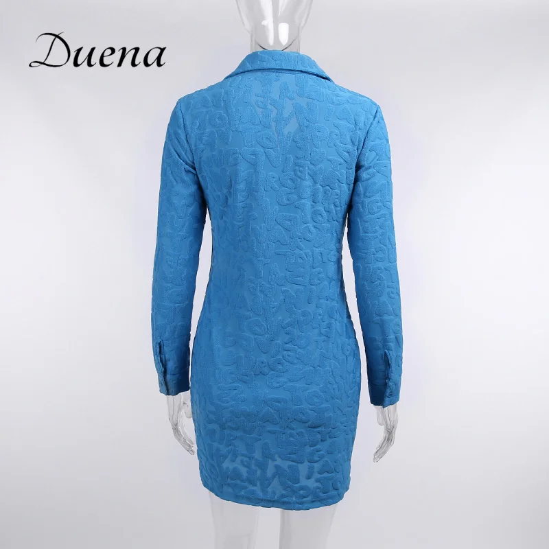 

Duena Sexy Collar Long Sleeve Embroidery Dresses Woman Autumn Button Up Fashion Solid 2021 Club Wear Sheath Mini Dress