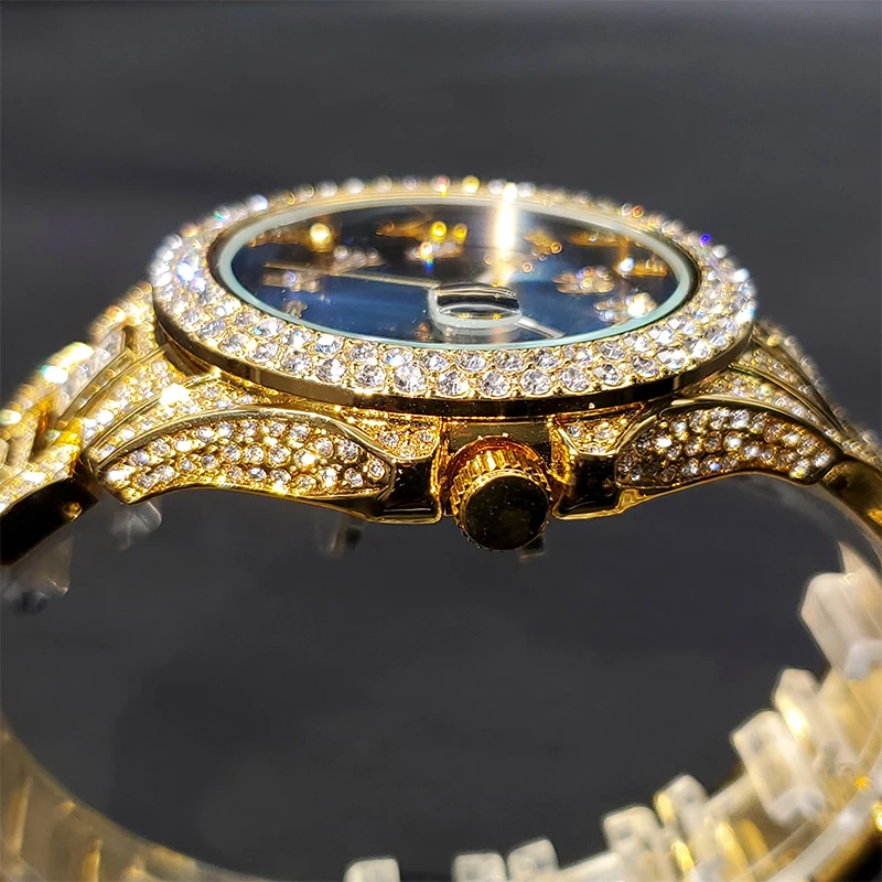 Часы наручные мужские водонепроницаемые роскошные золотистые с автокалендарем