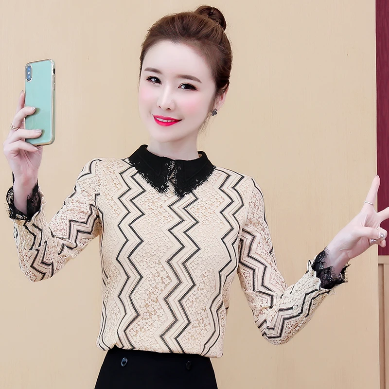 Новинка весенние женские рубашки рукав-фонарик воротник Питер Пэн + 2020 кружевная