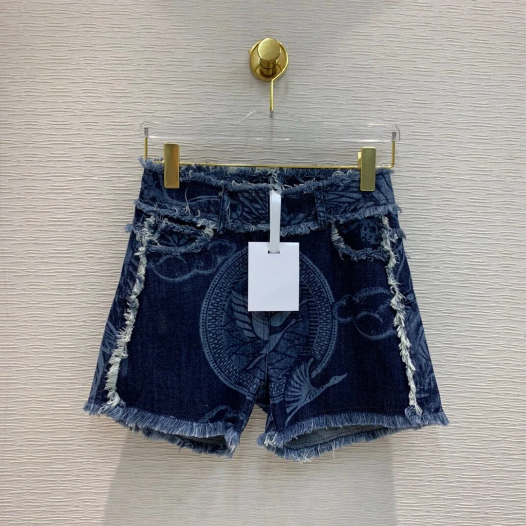 

2020 New Runway Brand High-end Blue Denim Women Tassel Patchwork Bird Plant Print High Waist Jeans Sexy Hot Short shorts