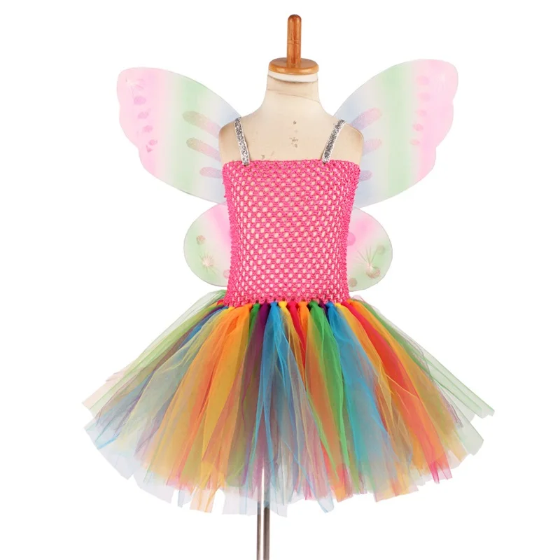 

Girls Rainbow Tutu Dress Kids Crochet 2Layers Tulle Dress Ballet Tutus with Butterfly Wing Children Party Costume Dress